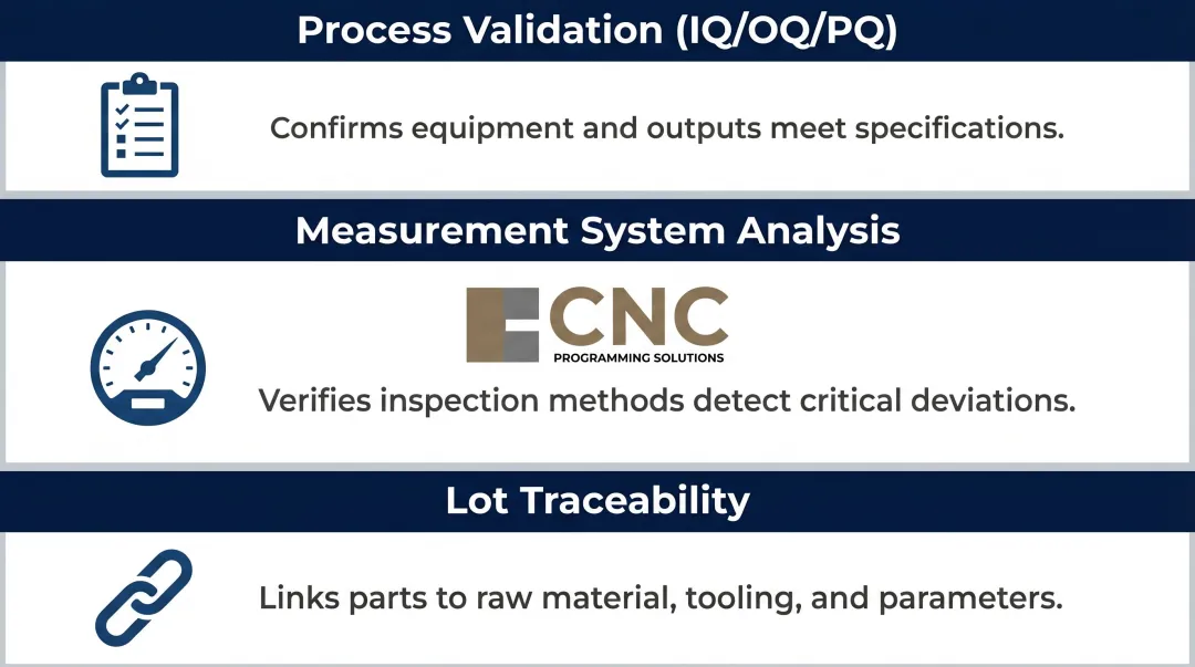 Three medical CNC machining quality requirements process validation measurement traceability infographic