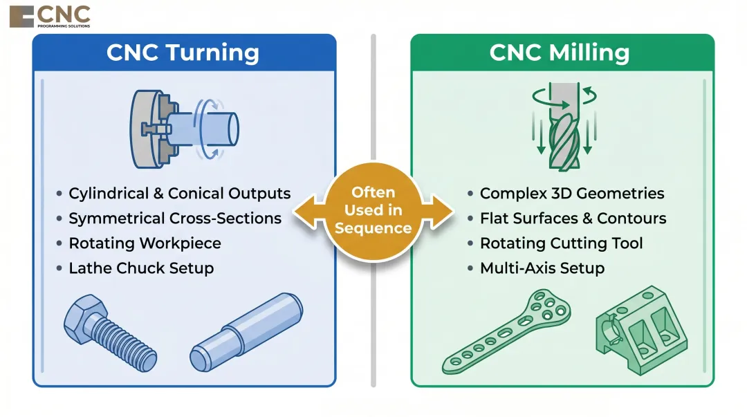 CNC turning versus milling process comparison showing key differences and applications