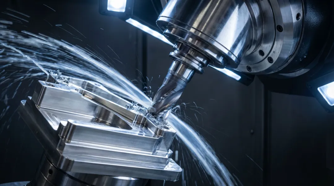 5-axis CNC milling machine cutting complex medical component in production environment