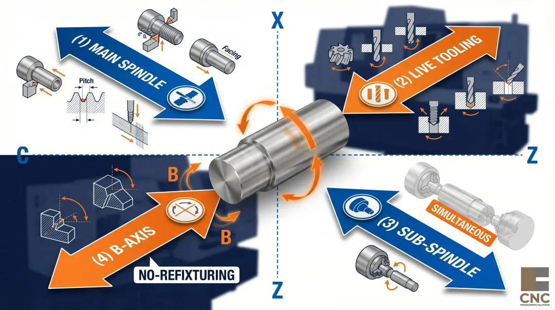 Swiss CNC multi-axis simultaneous operations main spindle sub-spindle live tooling process diagram