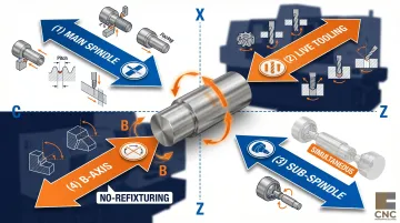 Swiss CNC multi-axis simultaneous operations main spindle sub-spindle live tooling process diagram