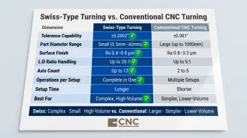 Swiss-type turning versus conventional CNC turning full operational specifications comparison table infographic