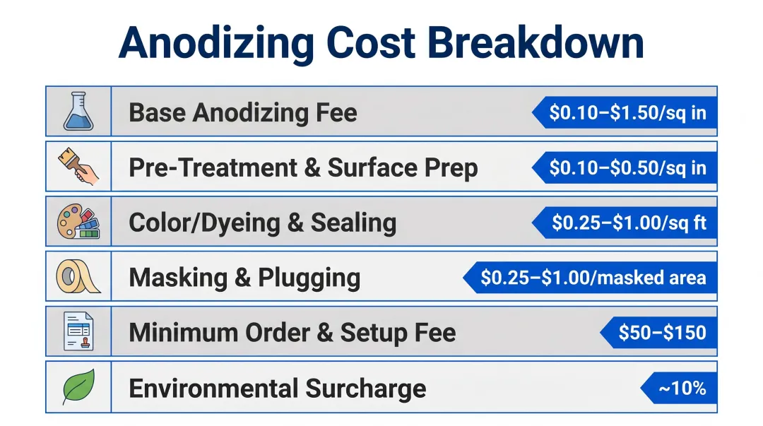 Six-component aluminum anodizing cost breakdown with fees and price ranges