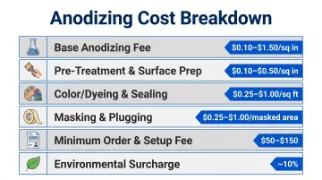 Six-component aluminum anodizing cost breakdown with fees and price ranges
