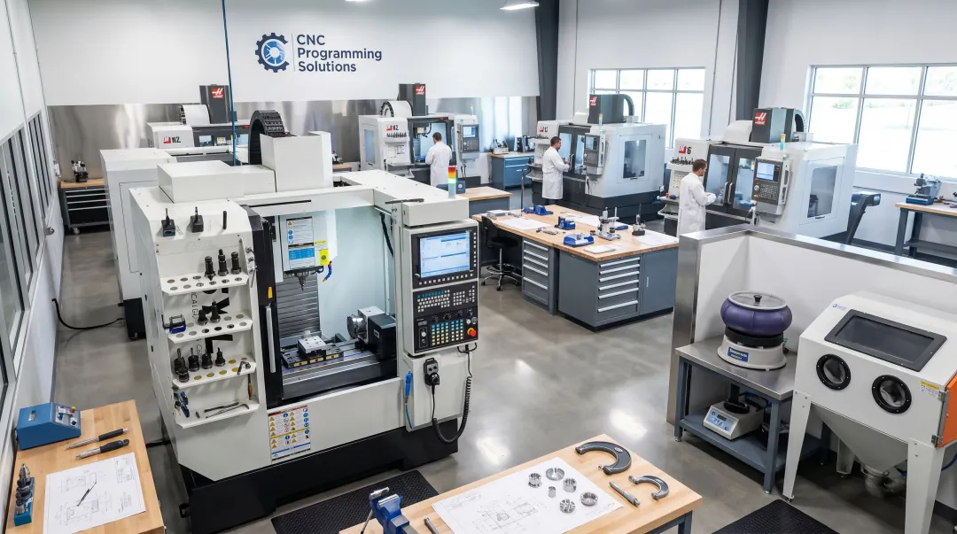 CNC machining facility showing 5-axis milling and surface finishing equipment for medical components