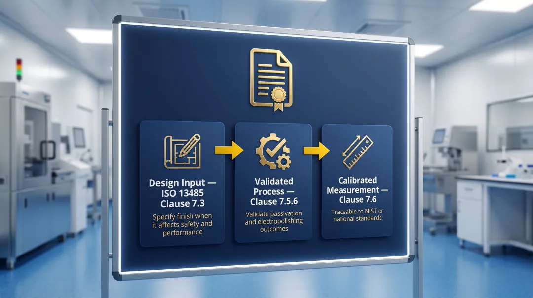 Three-layer FDA ISO 13485 surface finish documentation requirements process infographic