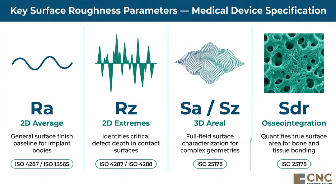 Four surface roughness parameters Ra Rz Sa Sdr comparison infographic for medical devices