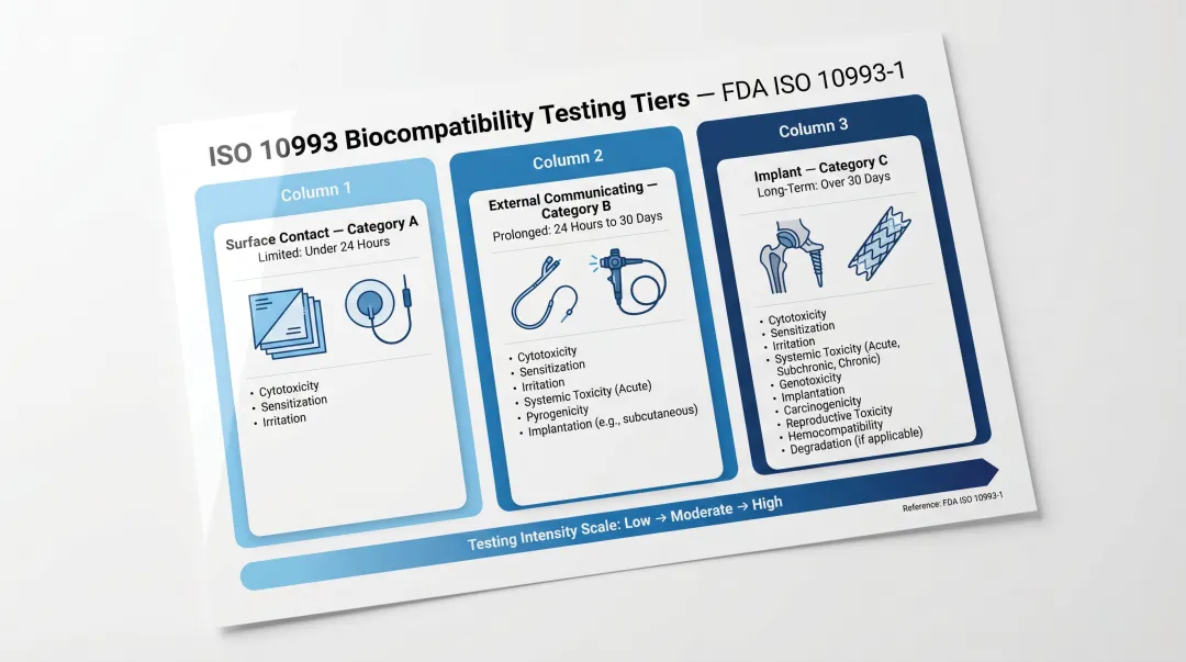 ISO 10993 biocompatibility testing scope by device contact type and duration category