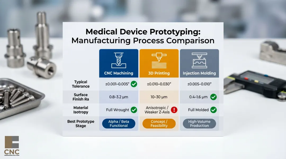 CNC machining versus 3D printing versus injection molding medical prototype comparison chart