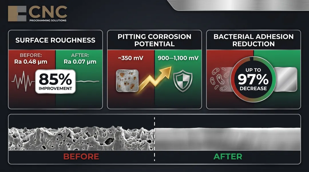 Electropolishing surface roughness improvement comparison showing 85 percent reduction data