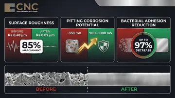 Electropolishing surface roughness improvement comparison showing 85 percent reduction data