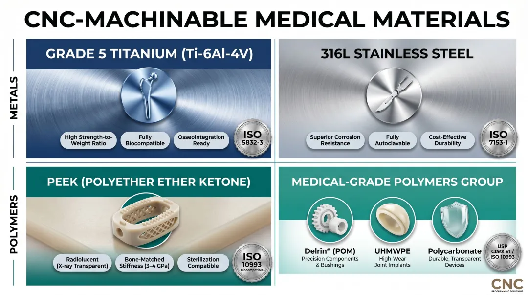 Medical-grade CNC machining materials comparison chart metals and polymers