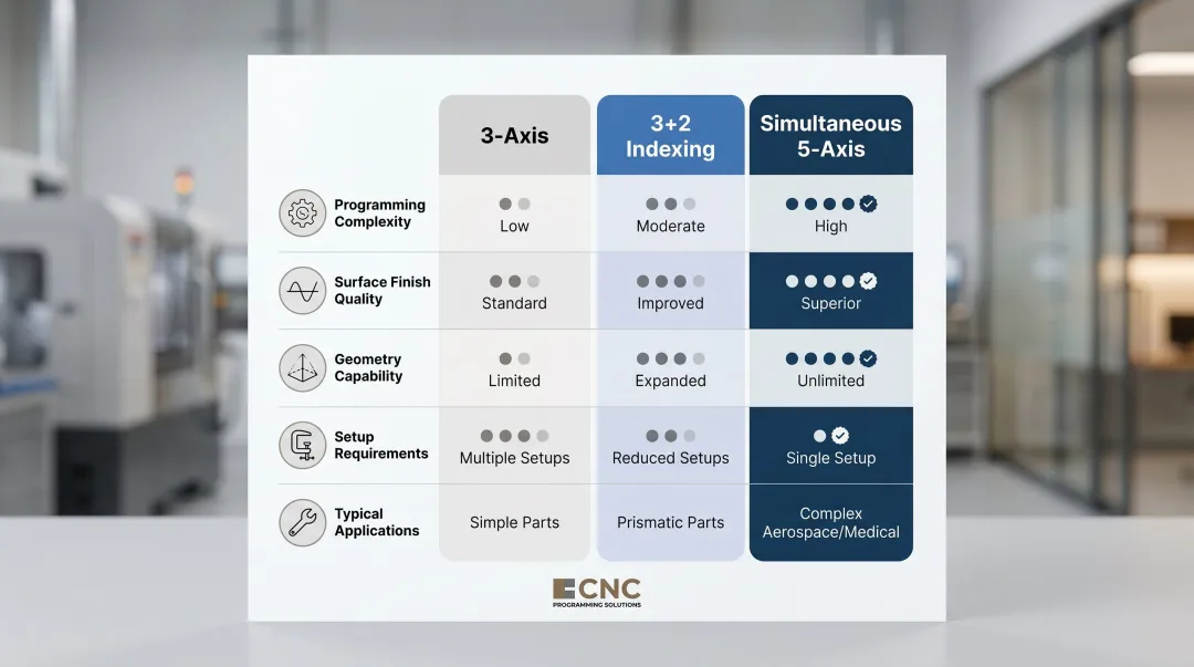 3-axis versus 3+2 indexing versus simultaneous 5-axis machining comparison chart