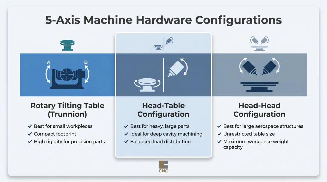 Three 5-axis machine configurations trunnion head-table and head-head comparison infographic
