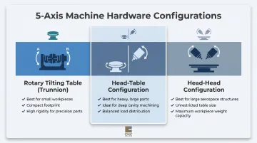Three 5-axis machine configurations trunnion head-table and head-head comparison infographic