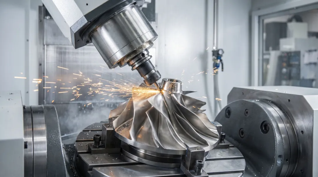 5-axis CNC machine cutting complex turbine blade compound curved geometry