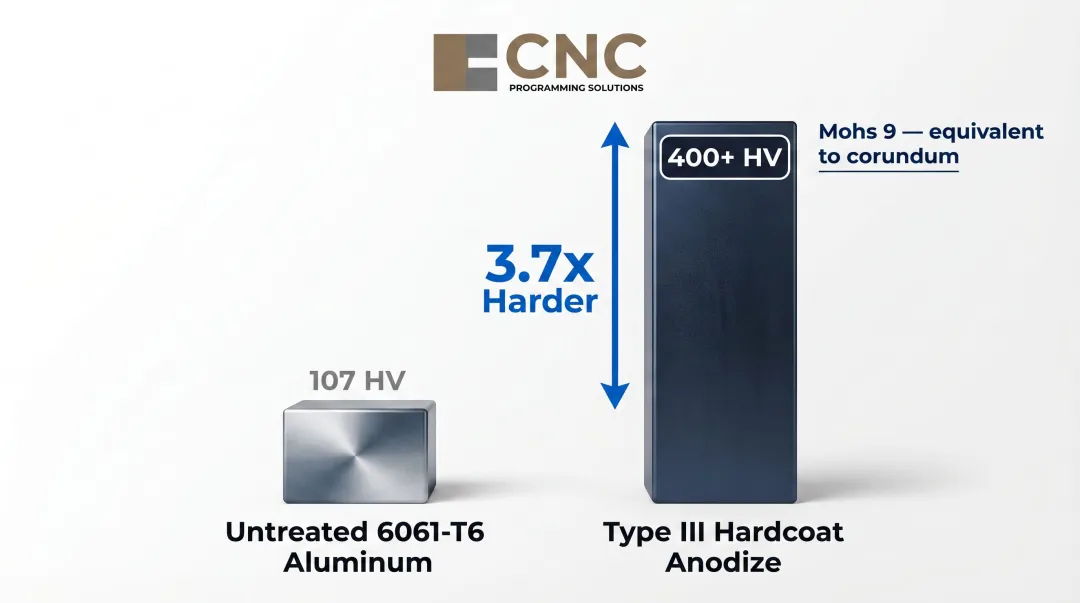 Type III hardcoat anodize versus bare aluminum hardness comparison bar chart