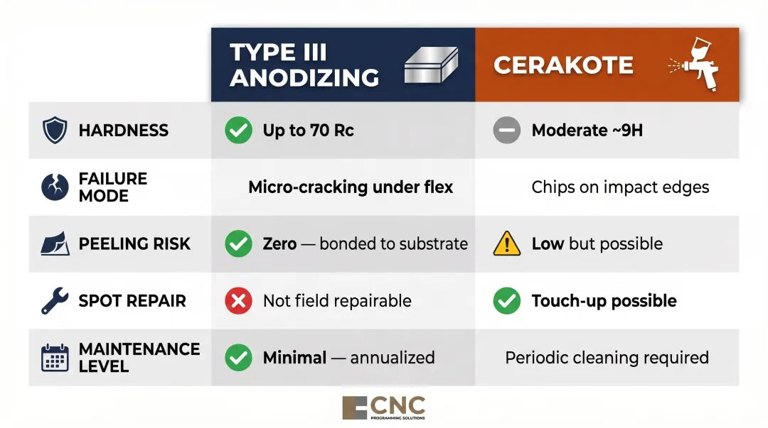Cerakote versus Type III anodizing durability and failure mode side-by-side comparison