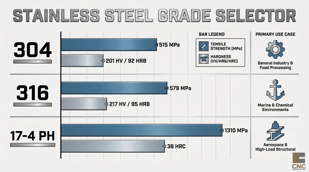 Stainless steel grades 304 316 17-4PH tensile strength and hardness comparison chart