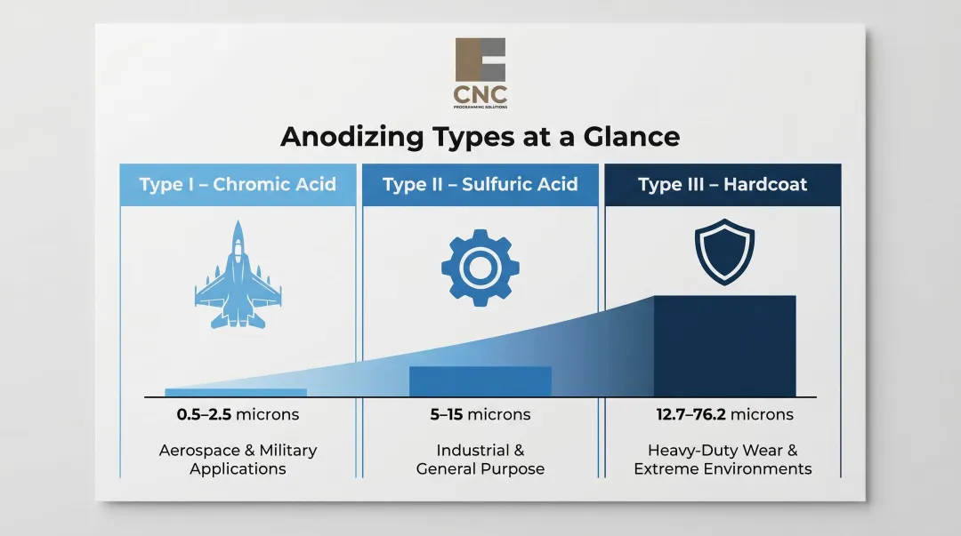 Three types of aluminum anodizing process comparison Type I II III thickness chart