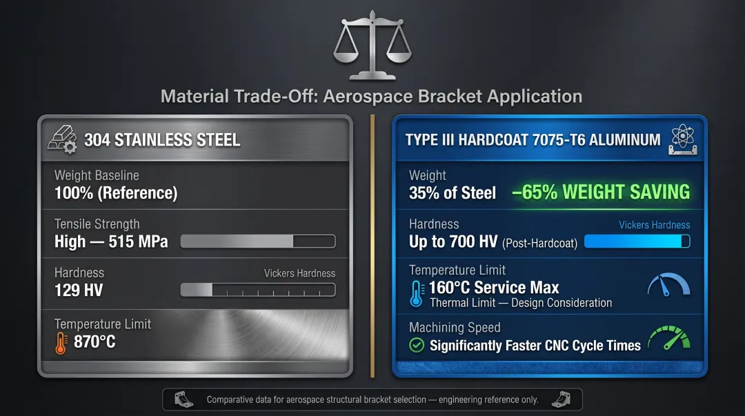 Aerospace bracket material transition anodized aluminum versus stainless steel weight strength trade-off