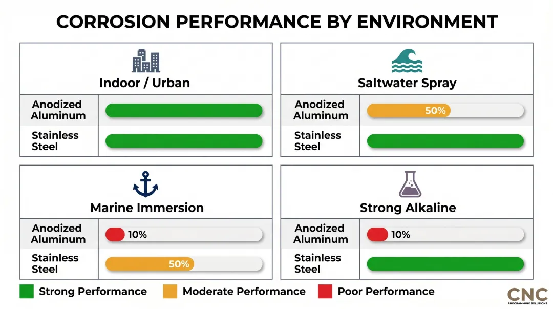 Anodized aluminum versus stainless steel corrosion performance across four environments comparison