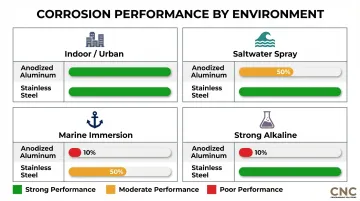 Anodized aluminum versus stainless steel corrosion performance across four environments comparison