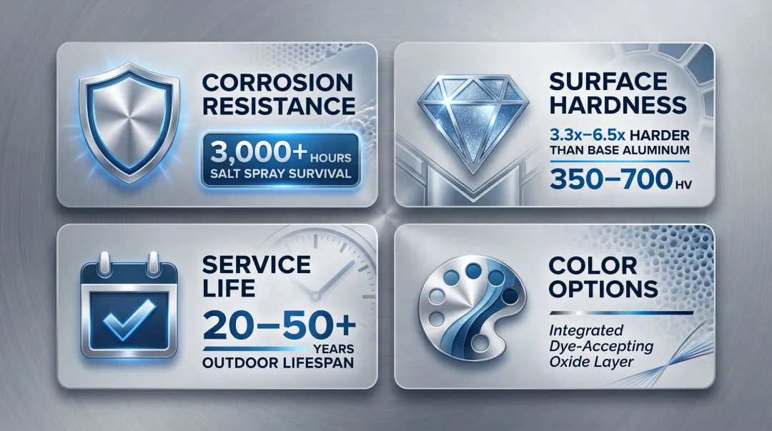 Anodized aluminum key benefits comparison showing hardness corrosion and lifespan metrics