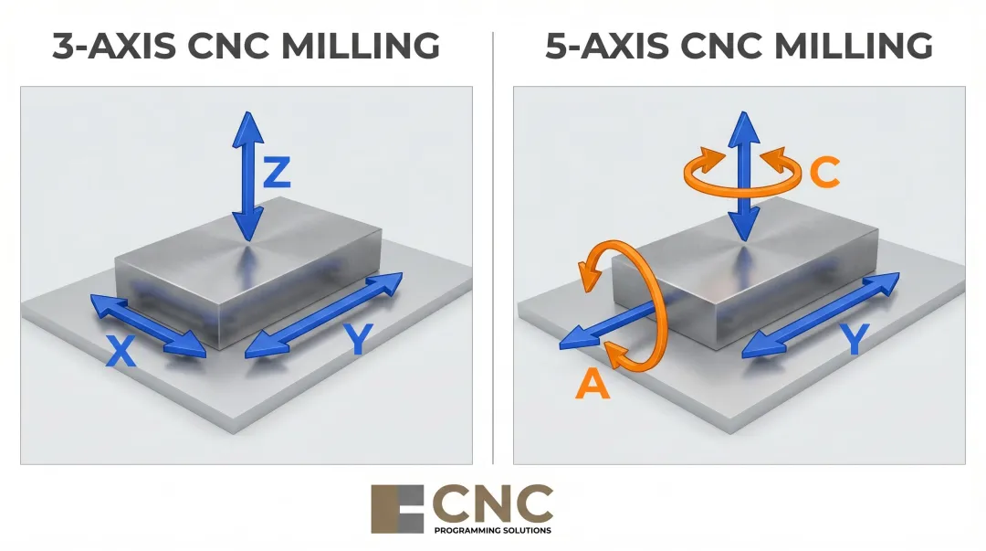 3-axis versus 5-axis CNC milling axes of motion side-by-side comparison diagram