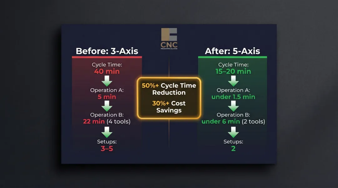 TTI Machine 5-axis upgrade results showing cycle time and cost savings before and after metrics