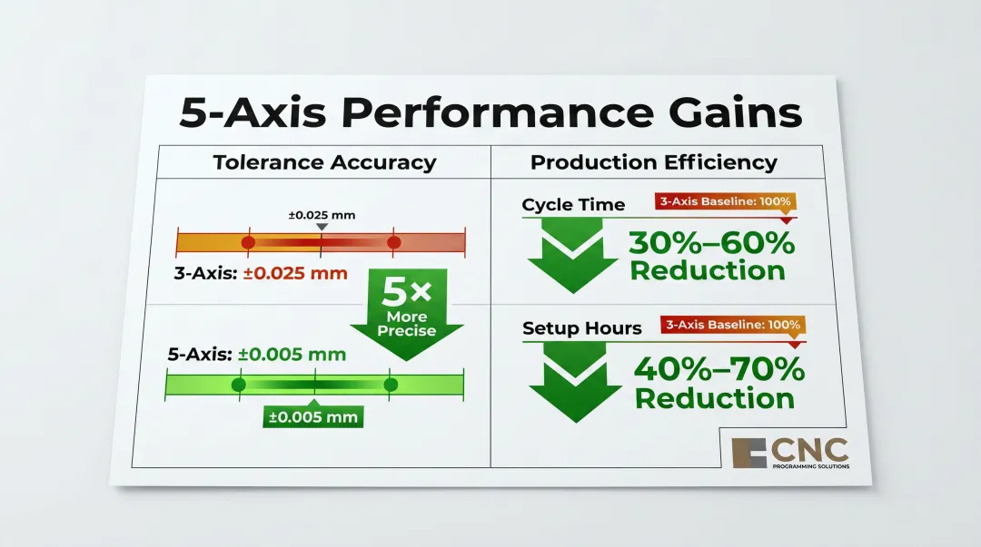 5-axis versus 3-axis CNC milling tolerance accuracy and cycle time reduction comparison infographic
