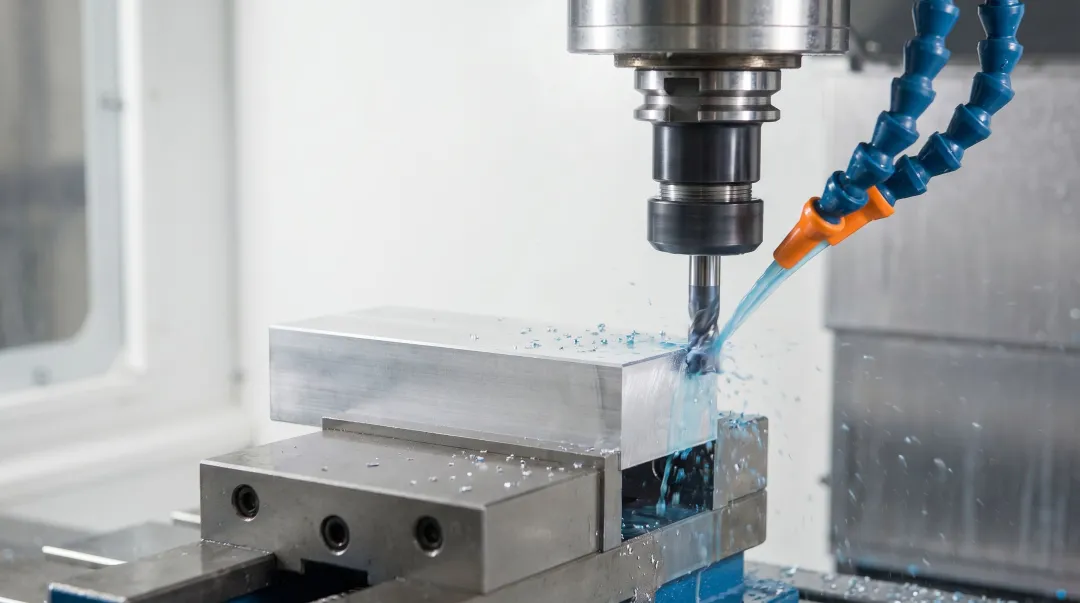 3-axis CNC milling machine cutting automotive bracket component in manufacturing facility