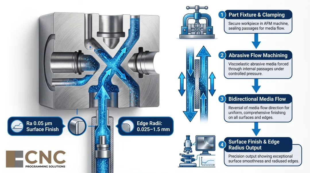 Abrasive flow machining process diagram showing media flow through internal passages and cavities