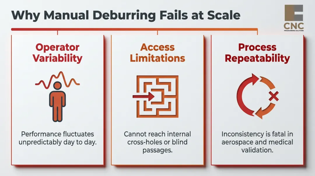 Three reasons manual deburring fails precision manufacturing at scale infographic