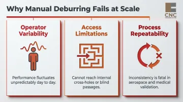 Three reasons manual deburring fails precision manufacturing at scale infographic