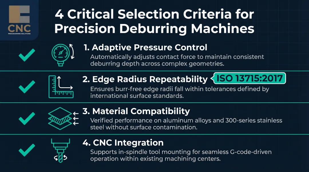 Four critical precision deburring machine selection criteria checklist for manufacturers infographic