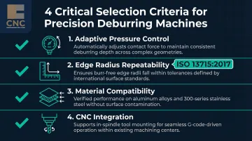 Four critical precision deburring machine selection criteria checklist for manufacturers infographic