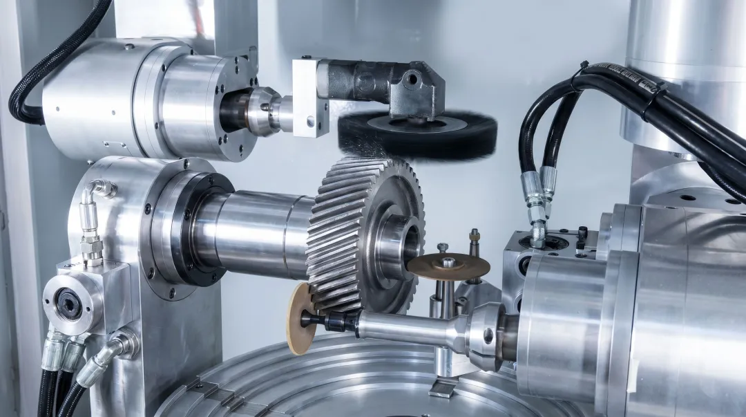Rotary CNC automated deburring machine processing complex metal components in industrial facility