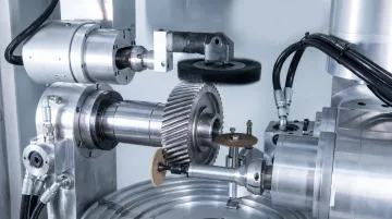 Rotary CNC automated deburring machine processing complex metal components in industrial facility
