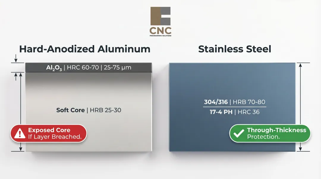 Hard-anodized surface layer versus stainless steel through-thickness hardness cross-section diagram