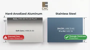 Hard-anodized surface layer versus stainless steel through-thickness hardness cross-section diagram