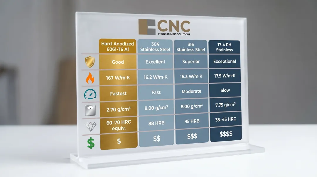 Hard-anodized aluminum versus three stainless steel grades material properties comparison chart