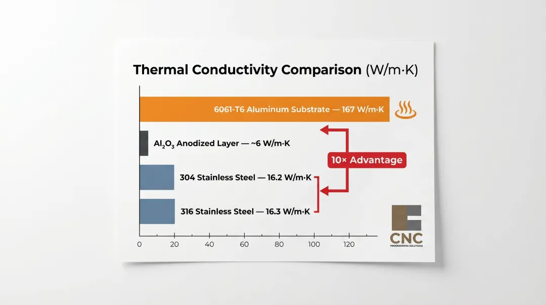 Aluminum versus stainless steel thermal conductivity comparison showing 10x performance advantage