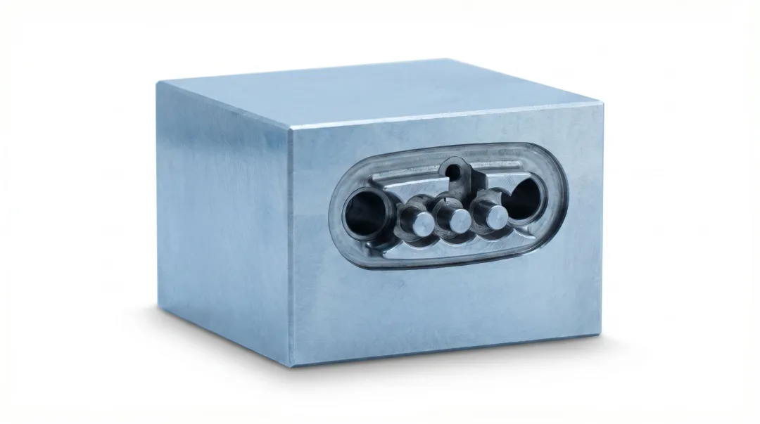 Plastic injection mold tooling machined from aluminum showing precision cavity and core