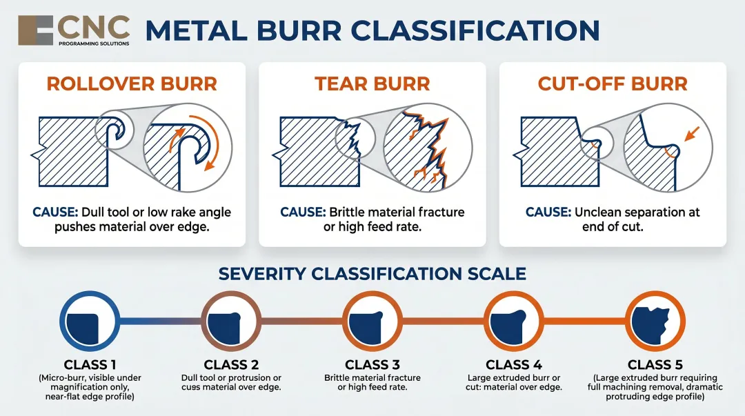 Three burr types rollover tear and cut-off with severity classification scale