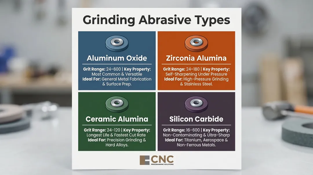 Four grinding wheel abrasive types comparison chart with grit ranges and applications