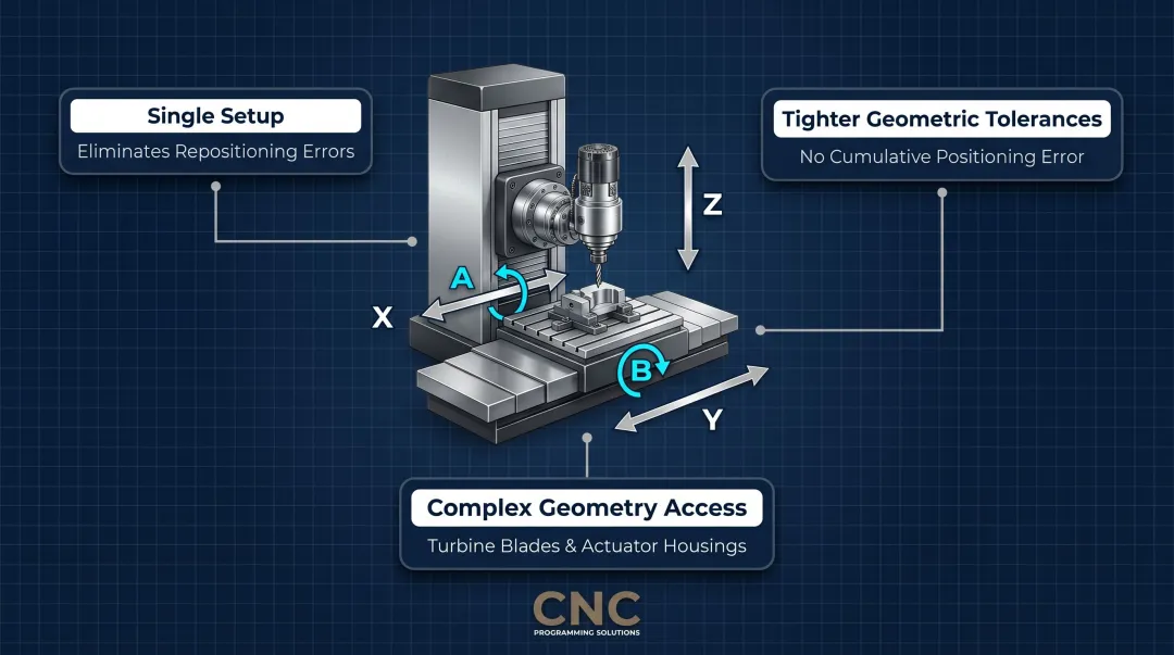 5-axis CNC machining process showing three linear and two rotational axes configuration