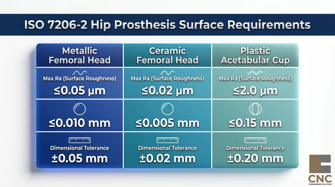 ISO 7206-2 surface finish and tolerance requirements for hip implant components comparison chart