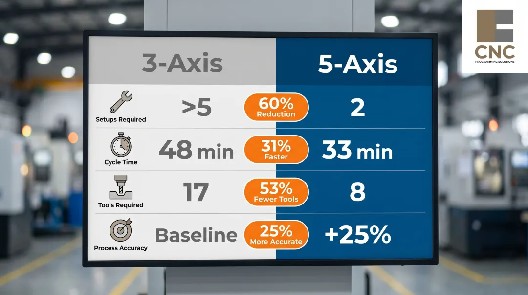 3-axis versus 5-axis CNC machining performance comparison metrics infographic