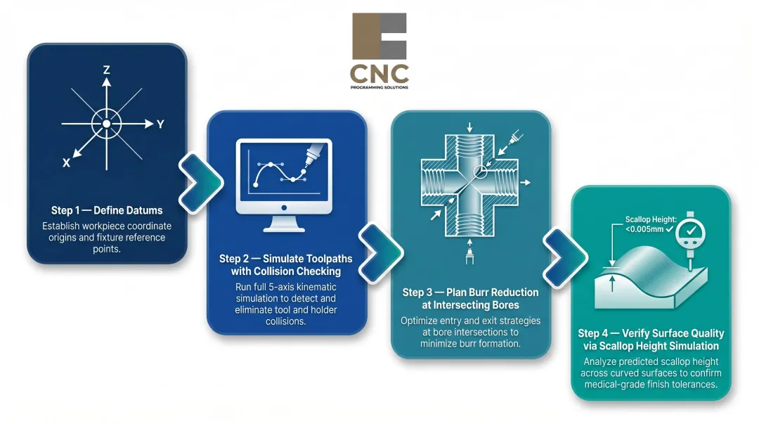4-step CAM workflow for 5-axis medical component CNC programming process